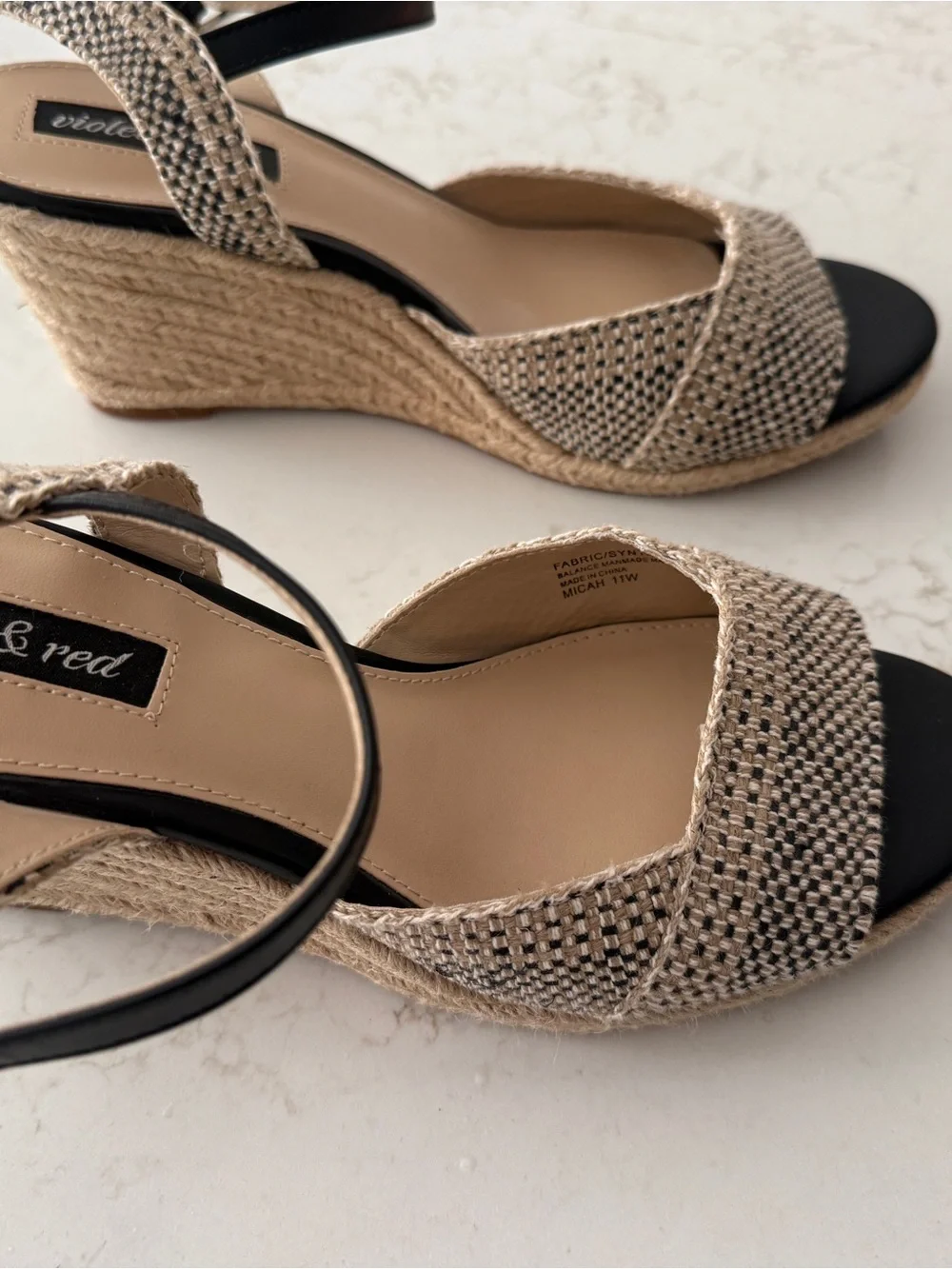 Neutral Woven Wedge Sandals with Black Ankle Straps